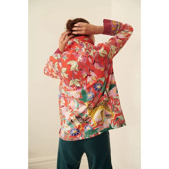 ANTHROPOLOGIE Lil Sire Cheetah Dreams Flannel Sleep Top Lounge Art Animal Medium - Picture 1 of 13